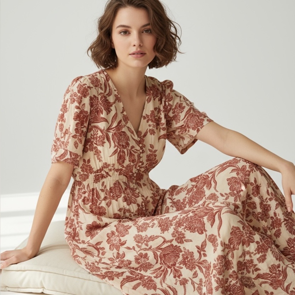 bohme Cream Maxi Dress with Rust Floral Print